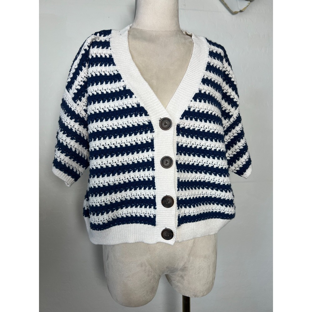Nautical coastal striped blue white preppy crochet short sleeve summer cardigan